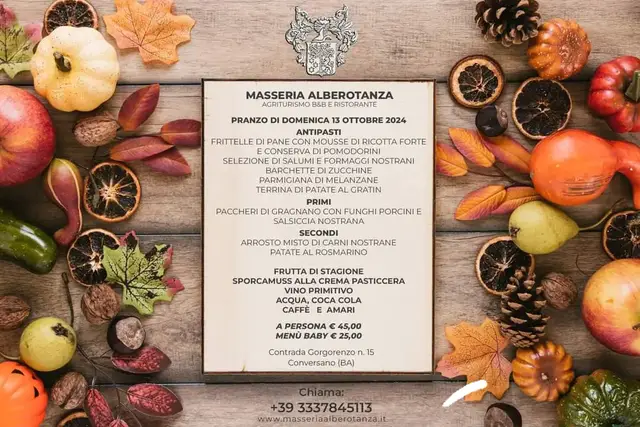 🍂 Domenica 13 ottobre: pranzo in Masseria Alberotanza! 🍂 Una delle ultime occasioni per gustare i nostri piatti prima delle ferie! 🏡 Vieni a vivere un’esperienza unica tra i sapori autentici della tradizione pugliese con il nostro speciale menù: 🍴 Antipasti: Frittelle di Pane con mousse di Ricotta forte e conserva di Pomodorini Selezione di salumi e formaggi nostrani Barchette di zucchine Parmigiana di melanzane Terrina di patate al gratin 🍝 Primo piatto: Paccheri di Gragnano con funghi porcini e salsiccia nostrana 🥩 Secondi: Arrosto misto di carni nostrane Patate al rosmarino 🍇 Dolce e frutta: Frutta di stagione Sporcamuss alla crema pasticcera 🍷 Bevande: Vino Primitivo di nostra produzione Acqua, Coca Cola Caffè e Amari 💶 Prezzi: Menù completo: €45 a persona Menù baby: €25 📞 Prenotazioni obbligatorie! Non perdere l’occasione di pranzare con noi e lasciarti conquistare dai nostri sapori! Ti aspettiamo in Masseria Alberotanza