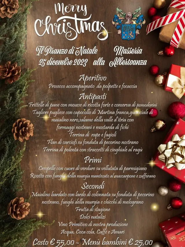 Natale è un momento speciale e il pranzo di Natale dovrebbe essere altrettanto straordinario!  Unisciti a noi al Ristorante dell’Agriturismo Masseria Alberotanza per un pranzo indimenticabile il 25 dicembre 2023.#Natale #PranzoNatalizio #BuonNatale #pranzoaconversano #conversano #puglia #bari
