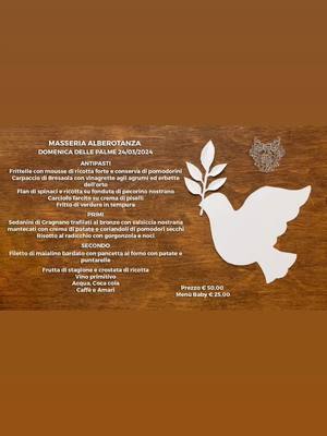 🌿🍽️ Goditi una domenica da favola con il nostro menu fisso per il pranzo della Domenica delle Palme! Delizia il tuo palato con il nostro esclusivo menu fisso a soli €50 per gli adulti e €25 per i più piccoli, bevande incluse. Dai un'occhiata alla nostra proposta gastronomica nell'immagine allegata e prenota subito il tuo tavolo! Siamo aperti anche per piccole cerimonie, anniversari, compleanni e altri eventi speciali. Ti aspettiamo per una domenica indimenticabile! 🍷🍴 #DomenicaDellePalme
