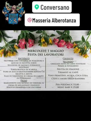 🌸🍽️ Delizie primaverili in arrivo! 🌼 Un pranzo da favola ti aspetta mercoledì 1 maggio al nostro ristorante dell'agriturismo Masseria Alberotanza! Sia che tu sia in cerca di un momento speciale per celebrare, o semplicemente desideri deliziare il palato con sapori autentici, il nostro menu è ciò che fa per te. 🍷✨ . Antipasti: Frittelle con conserva di pomodori e mousse di ricotta forte nostrana Selezione di salumi e formaggi nostrani Torta rustica di scarola Fiori di zucca gratinati con ripieno di ricotta e menta Flan di verdurine su crema di carote di Polignano . Primi: Margherite con ripieno di verdure in crema di melanzane e basilico Risotto primavera con zucchine croccanti . Crudités . Secondo: Grigliata mista di carni nostrane Patate al rosmarino Frutta di stagione . Dolce: Tiramisù al caffè E non dimenticare, per i più piccoli abbiamo un menu appositamente pensato a soli €25,00 a persona! 🎈👶 Prenota ora per assicurarti un posto al tavolo e regalati un momento di gusto e relax in un ambiente autentico e accogliente. Ti aspettiamo! 🌿🍴 #MasseriaAlberotanza #PranzoPrimaverile #delizielocali