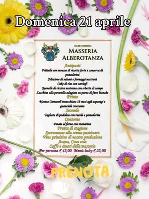🌷 Domenica 21 aprile, il ristorante all'Agriturismo Masseria Alberotanza a Conversano vi invita a gustare il delizioso pranzo primaverile! 🍽️ Con un menu ricco di sapori locali e freschezza, vi attendono piatti autentici e sorprendenti. Per soli € 45,00 a persona, immergetevi in un'esperienza culinaria unica! E per i più piccoli, un menu baby ad appena € 25,00. 🌼 Non solo pranzo: siamo qui per rendere ogni momento speciale. Prenotate il vostro tavolo per celebrare ogni occasione importante con noi! 🎉 #AgriturismoAlberotanza #PranzoPrimaverile #Conversano #BuonAppetito 🥂